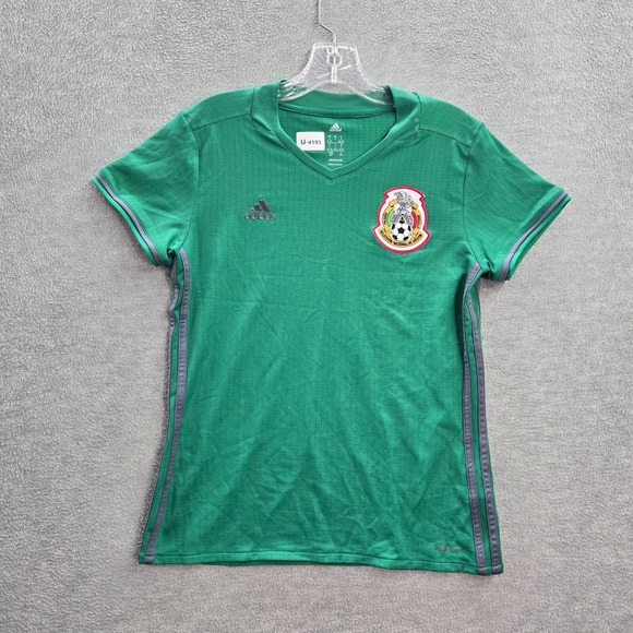 Adidas Women Top Shirt S Green Mexico Jersey 3 Stripes Climacool V Neck Mesh - Picture 1 of 11